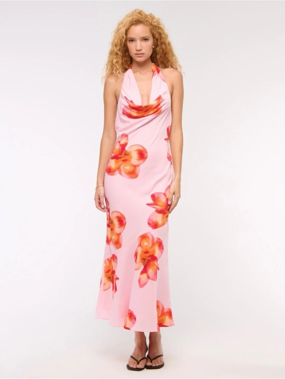 Abercrombie & Fitch Pink Floral Cowl Neck Halter Maxi Dress